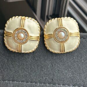 Vintage 80’s Gerard Yosca Gold and White enamel rhinestones clip on Earrings
